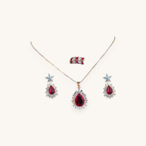 Floral Pear Stone Necklace Ring Earring Set Golden