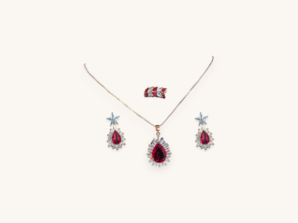 Floral Pear Stone Necklace Ring Earring Set Golden