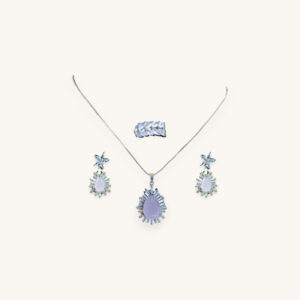 Floral Peach Pear Stone Necklace Ring Earring Set Silver