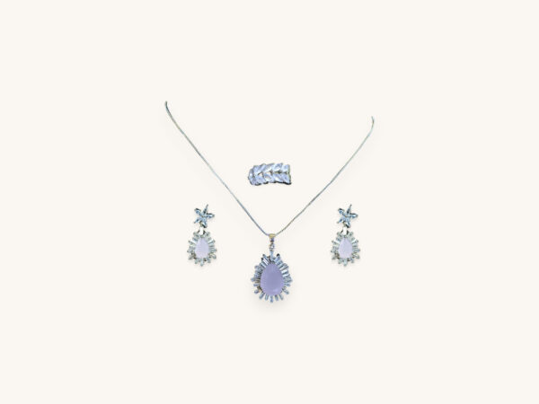 Floral Peach Pear Stone Necklace Ring Earring Set Silver