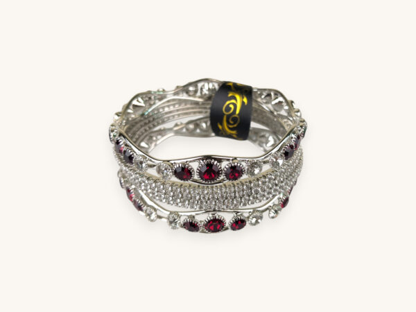 Silver Bangles Maroon Round Stone Set(Karay) - Image 2